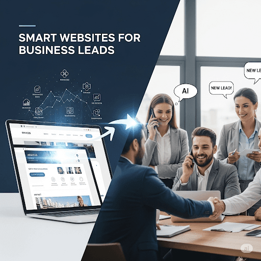Team discussing business leads with digital interface and website graphics on laptop screen.
