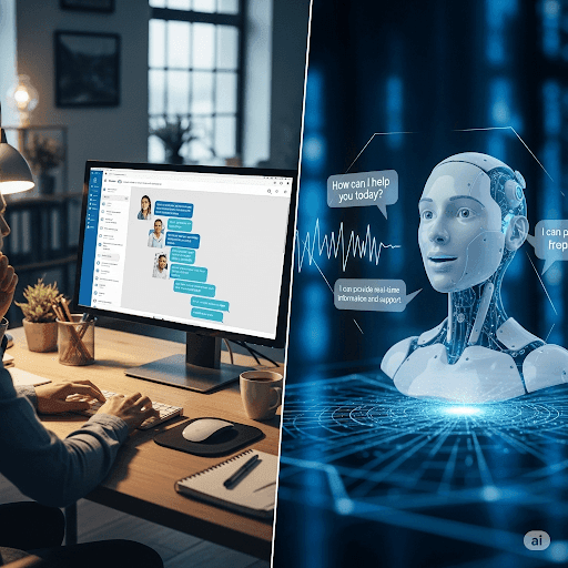 Split image showing a person typing on a computer and a digital robot assistant on a screen.