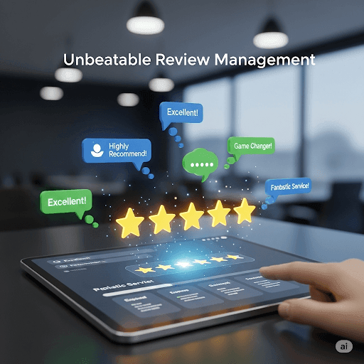 Tablet displaying five-star reviews with positive feedback comments in a modern office setting.