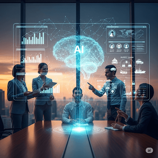 Business meeting with holographic AI graphics and supply chain data projected over a table.