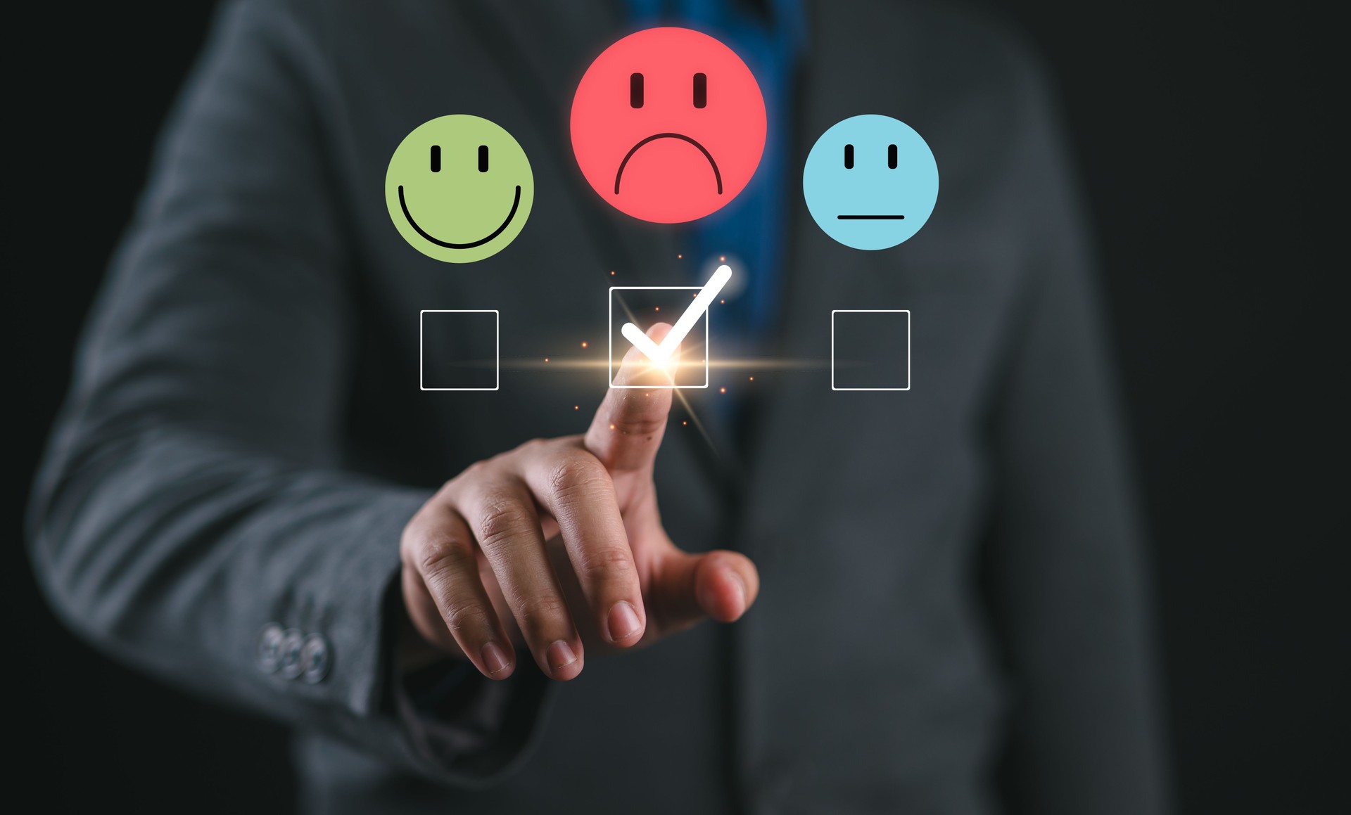 Customer Experience dissatisfied Concept, Unhappy man customer giving sadness emotion face on online survey, Bad review, bad service dislike bad quality, low rating, social media not good.