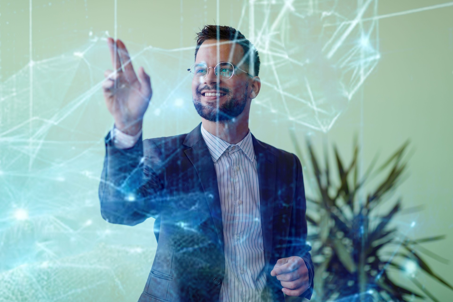 Man interacting with virtual interface in office