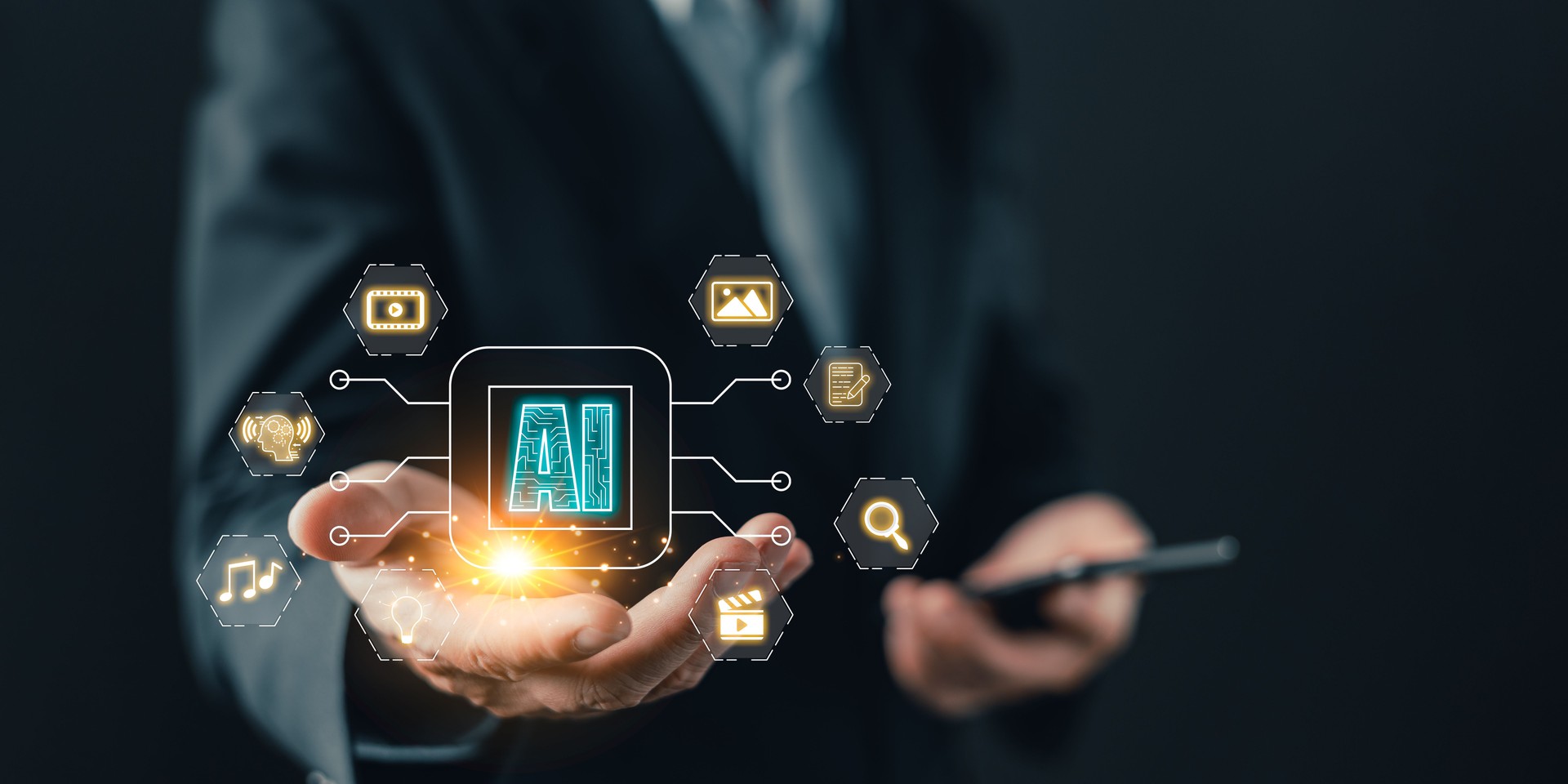 A business professional holds a glowing AI interface by icons for media, search, and documents, symbolizing AI-driven marketing, content creation, and innovative digital automation solutions.
