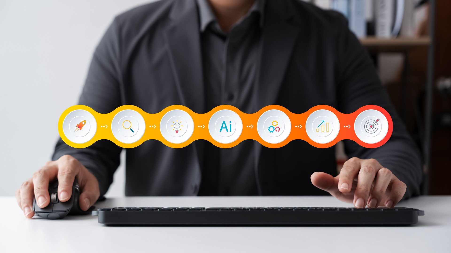 AI-driven workflow and business strategy concept. A businessman working on computer with futuristic infographic showing step-by-step digital process, artificial intelligence, analytics, goal setting.