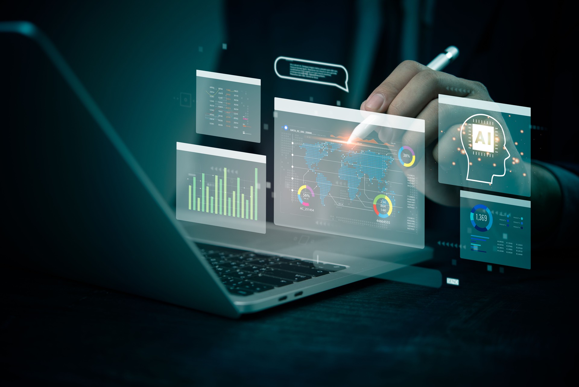 Businessman uses advanced AI-driven data analytics tools on a virtual screen, highlighting digital transformation. Perfect for tech, data, and business intelligence marketing.